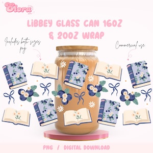 May include: A clear glass can with a wooden lid, decorated with illustrations of books, blueberries, daisies, and bows. The text "LIBBEY GLASS CAN 16OZ & 20OZ WRAP" is displayed above the can. The image also includes the text "Includes both sizes png" and "Commercial use".