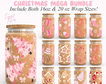May include: A set of glass tumblers with wooden lids, decorated with festive Christmas designs. The designs include pink Christmas trees, gift boxes, gingerbread men, and candy canes. The image text reads "CHRISTMAS MEGA BUNDLE Include Both 16oz & 20 oz Wrap Sizes!"