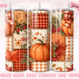 May include: A cylindrical tumbler featuring a patchwork design of orange and white gingham patterns, pumpkins, red berries, and autumn leaves. The design includes a red and white plaid bow accent. The text reads Elora and seamless.