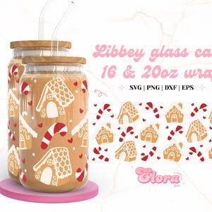 Casa di Natale di pan di zenzero e bastoncini di zucchero Lattina di vetro da 16 once / 20 once SVG, Involucro per tazze di biscotti di zucchero, Tumbler per le vacanze invernali, Dolci di Natale