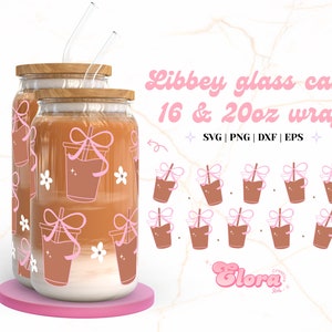 Coquette Daisy Coffee Svg Wrap Bundle para Libbey 16 onças e 20 onças pode vidro, fita fofa Libbey Svg, feminino Libbey vidro pode embrulhar, café Girlie