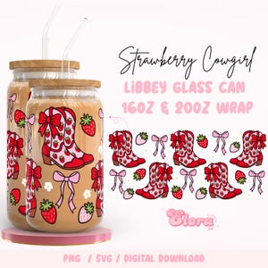 Pink Strawberry Cowgirl Boots SVG wrap, 16oz & 20oz Libbey Western coquette Glass can, Summer Cowboy Bows png, Soft Girly UV DTF Sublimation