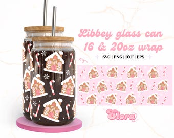 Pink Christmas Gingerbread House Glass can 16oz | 20oz wrap SVG, Christmas cup wrap, Winter Holiday SVG, Candy Snow Season Tumbler wrap PNG