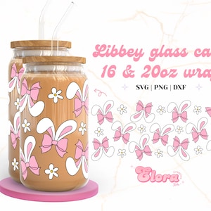 Girly Bow bunny ears Libbey 16oz & 20oz Can Glass, Floral Coquette Easter bunny Cup Wrap, Happy Easter Svg, Spring Svg Png, Digital download