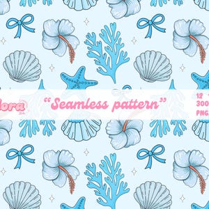 May include: A seamless pattern featuring light blue hibiscus flowers, seashells, starfish, coral, and bows on a light blue background. The text "Seamless pattern" is displayed. The image dimensions are 12 x 12 inches.