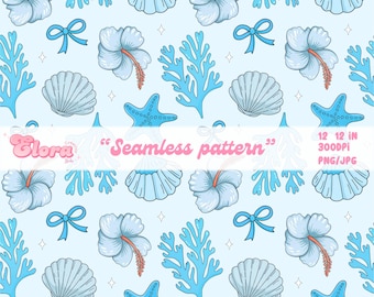Coquette Ocean seashell Seamless Pattern PNG, Floral Sea Shell Seamless, Coastal beach Digital Papers, Ocean Lover pattern, Digital Download