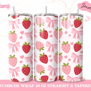 Strawberry Pink bows 20 Oz Skinny Seamless Tumbler, Coquette Tumbler Wrap, Tumbler Sublimation Design, Spring tumbler, Digital Download PNG