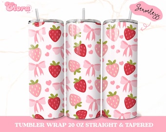 Strawberry Pink bows 20 Oz Skinny Seamless Tumbler, Coquette Tumbler Wrap, Tumbler Sublimation Design, Spring tumbler, Digital Download PNG