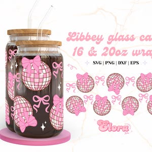 Bola de discoteca con coqueta rosa y elegante, lata de vidrio de 16 oz/20 oz, envoltura SVG, envoltura de taza con lazos y coqueta de moda, Svg retro, Svg elegante, digital