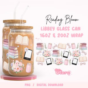 Floral Vintage bookish Libbey 16oz & 20oz Glass Can PNG, Floral Books And Candles Cup, Book Lover Gift, Bookish Girl Wrap, Digital Download image 2