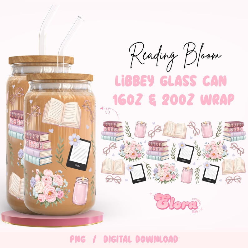 Floral Vintage bookish Libbey 16oz & 20oz Glass Can PNG, Floral Books And Candles Cup, Book Lover Gift, Bookish Girl Wrap, Digital Download image 2