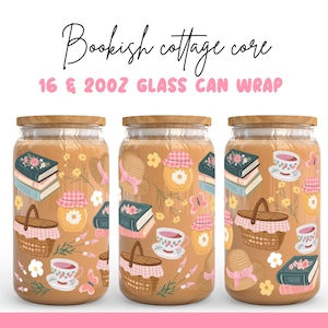 Bookish Cottage core Glass Can Wrap PNG – 16oz & 20oz Libbey Cup Design, Vintage Floral Tea Jam Books Picnic Aesthetic, UV DTF Sublimation