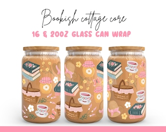 Envoltura PNG para latas de vidrio con núcleo de Bookish Cottage: diseño de taza Libbey de 16 oz y 20 oz, estilo vintage floral, para té, mermelada, libros, picnic, sublimación UV DTF