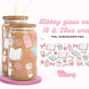 Articoli essenziali per la lettura Libbey, lattina in vetro da 16 e 20 once, tazza da caffè e candele Coquette Books, regalo per amanti dei libri, copertina Bookish Girl, download digitale