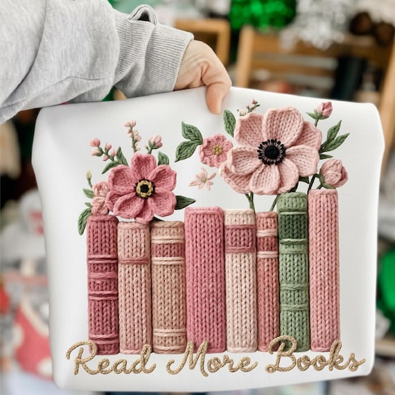 Read more Books png, Crochet Faux Yarn Png, Floral Bookish Knitted Shirt png, Retro Floral Book Sublimation, Cute Spring Coffee Reading png