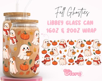 Kawaii Fall ghost Libbey glass can wrap PNG, Spooky Cute Halloween 16oz & 20oz Cup Wrap, Cozy Boo Autumn Pumpkin Tumbler, Digital download