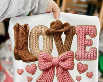 San Valentín vaquero del oeste PNG, estilo crochet de hilo sintético, San Valentín "Hola Coqueta" PNG, diseño de camiseta rústica del oeste, XOXO Love Png