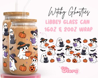 Kawaii Witchy ghost Libbey glass can wrap PNG, Spooky Cute Halloween 16oz & 20oz Cup Wrap, Fall Cozy Witch Pumpkin Tumbler, Digital download