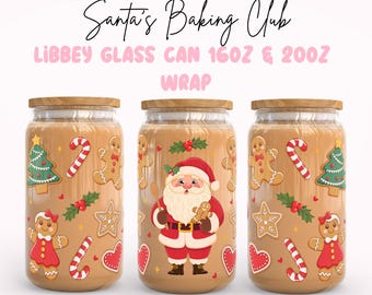 May include: Three glass Libbey cans with wooden lids, featuring a festive Christmas design. The cans are adorned with gingerbread people, candy canes, Christmas trees, stars, and Santa Claus. Text on the image reads "Santa's Baking Club" and "Libbey Glass Can 16oz & 20oz Wrap."