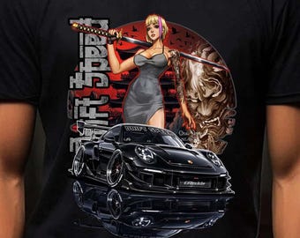 Porsche 911 Anime Samurai Girl Widebody Supercar T-Shirt, Japanese Streetwear Car Graphic Tee