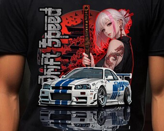Nissan GTR R34 Anime Samurai T-Shirt, Japanese Street Racing Graphic Tee