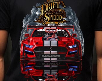 Mustang Supercharged Muscle Car T-Shirt, Drift Speed Racing Graphic Tee