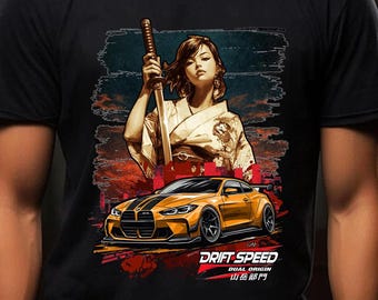 Samurai Girl Drift Car T-Shirt, Anime Street Racing Art Tee, Beamer M3 M4 M5