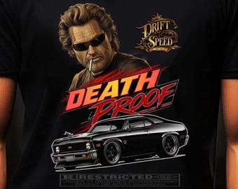 Chevy Nova Death Proof Race graphic Tee | Vintage Muscle Car, Retro Driver Illustration