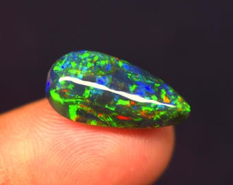 Natural Ethiopian Black Opal Cabochon, 5.7 Carat Fire Opal, Flashy Fire Opal, AAA Quality Pear Shape Opal For Jewelry, Rainbow Fire Opal