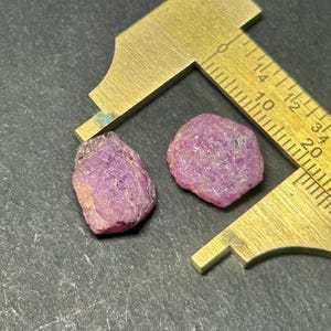 Puede incluir: Dos piedras preciosas de rubí rosa, una es redonda y la otra ovalada, medidas con una regla en centímetros.