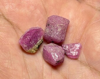 Peut inclure: Quatre pierres précieuses de rubis roses bruts. Les pierres précieuses varient en taille et en forme, avec une couleur rose foncé et certaines avec une surface légèrement rugueuse et texturée. Les gemmes sont tenues dans une main.