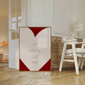 Love Actually is All Around, Typography Wall Art, Love Art Print, Modern Kitchen Decor, Trendy Love Poster, Red Heart Print, Digital Poster