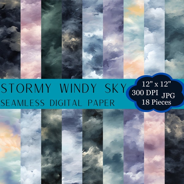 Stormy Sky Digital Paper Printable Seamless Pattern Windy Sky Background Clouds For Notebooks Instant Download Digital Paper Commercial Use
