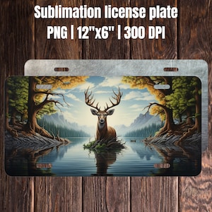Placa de carro PNG, design de placa de carro, cervo em uma floresta PNG, design de sublimação, download digital PNG download instantâneo, 12 por 6 polegadas