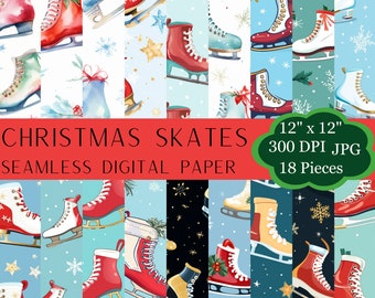 Christmas Ice Skates Digital Paper Printable Seamless Pattern Ice Skating Shoes Ice Skates Ornaments Vintage Ice Skates Cartoon Ice Skates