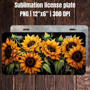 License Plate PNG, License Plate Design, Sunflowers PNG, Sublimation Design, Digital Download PNG Instant Download, 12 by 6 inch