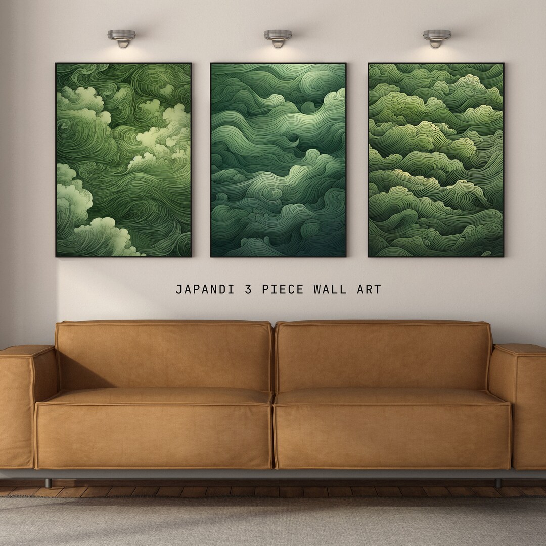 Green Wave Japandi Wall Art Set of Three Wabi Sabi Wall Art Print ...