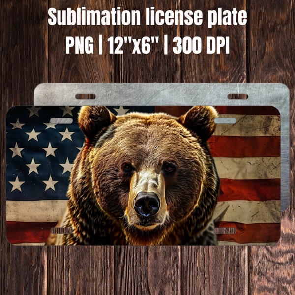 License Plate PNG, License Plate Design, American Flag PNG, Grizzly Bear Hunting PNG, Sublimation Design, Digital Download, Instant Download