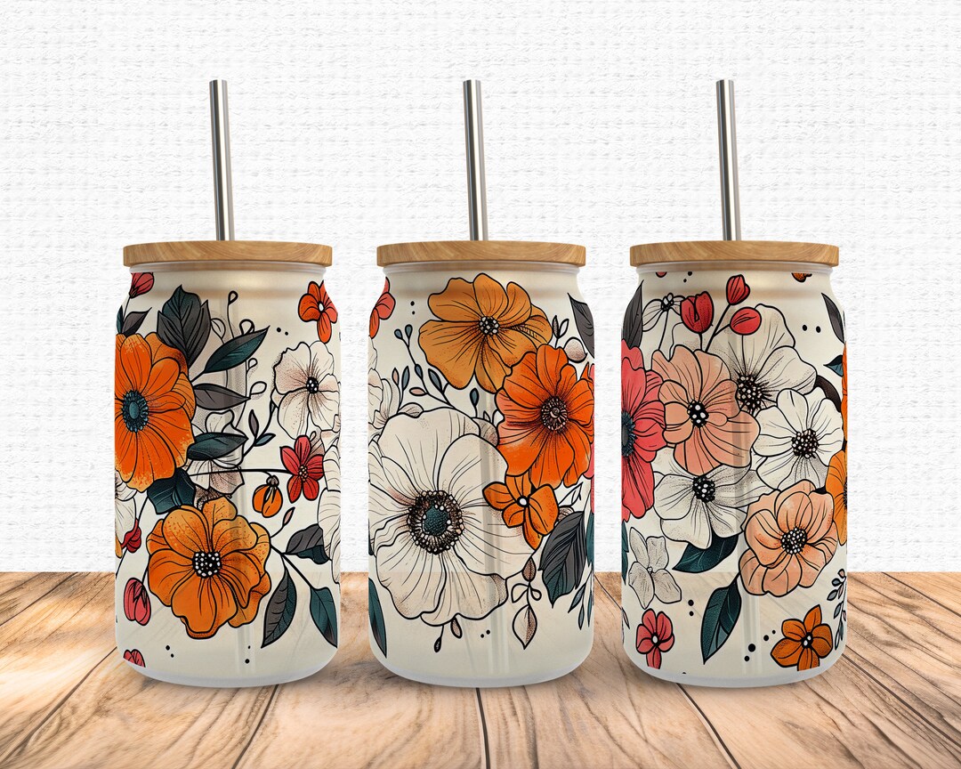 Vintage Boho Flower Libbey Glass Wrap Png, Spring Floral 16oz Libby ...