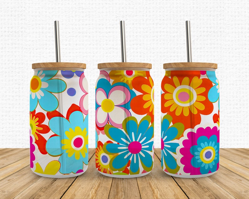 Groovy Flower Libbey Glass Wrap Png, Retro Summer Boho Floral 16oz ...