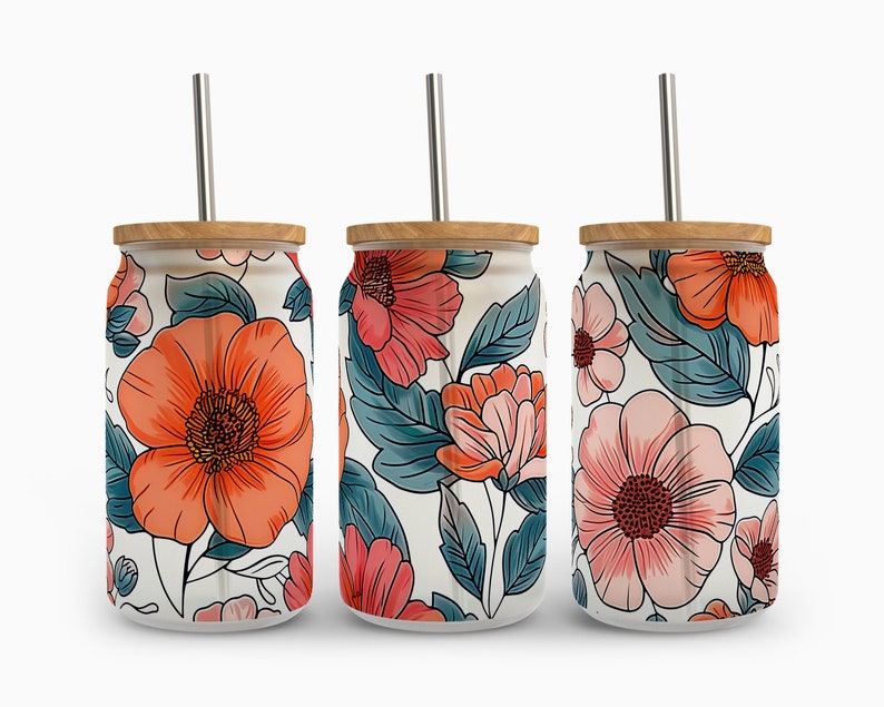 Boho Retro Flower Libbey Glass Wrap Png, Spring Chic Floral 16oz Libby ...