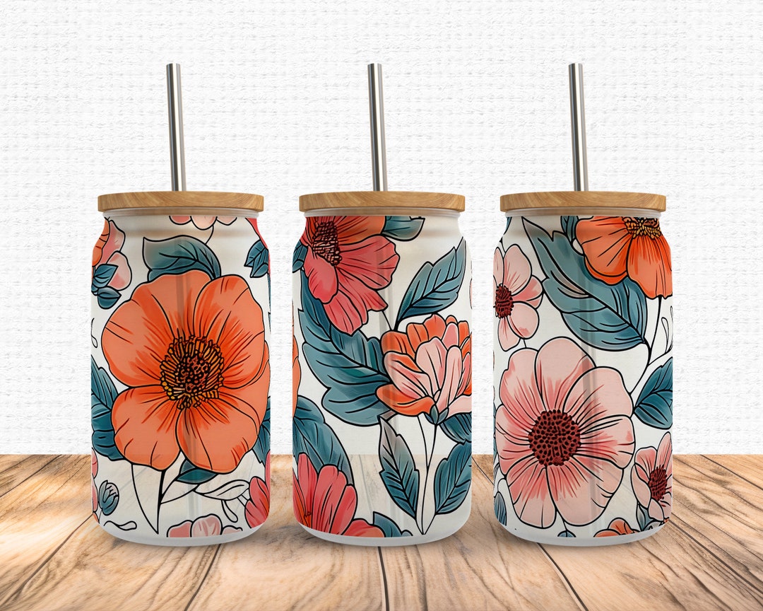 Boho Retro Flower Libbey Glass Wrap Png, Spring Chic Floral 16oz Libby ...