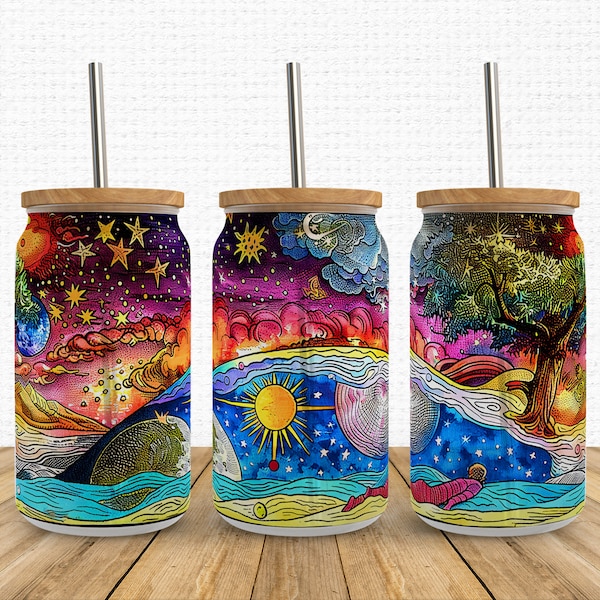 Boho Sleepy Sun Png Libbey Glass Wrap Png, Celestial Galaxy 16oz Libby Beer Can Full Wrap Cup tumbler png Sublimation Designs, Download