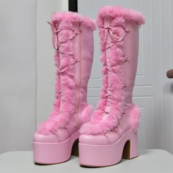 Cosplay Super High Boots für Frauen, Pink Gothic Punk Hohe Plateau-Stiefel, Emo Chunky High Heels