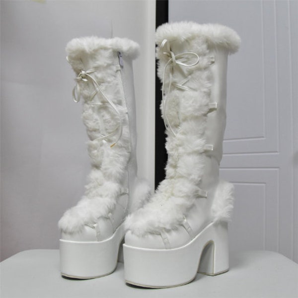 Fur Furry Boots | Platform Chunky High Heel Knee Boots | White Platform Boots | Y2K Gothic boots