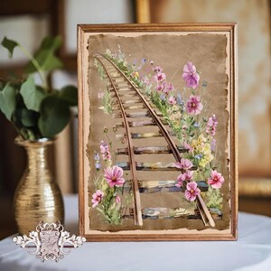 Railway and flowers printable wall art, floral iron path decor