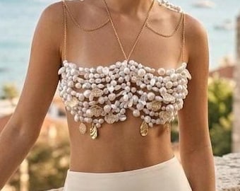 Handmade Pearl Gold Chain Crop Top – Festival Body Jewelry Bralette