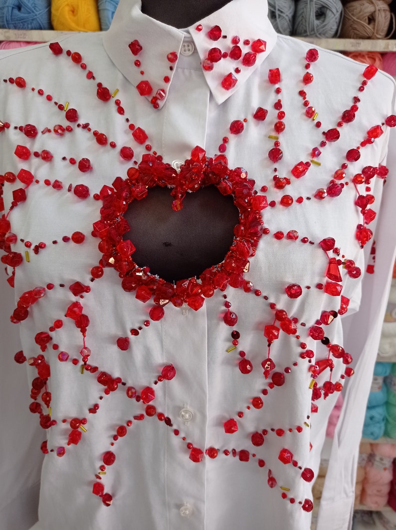 Missing Heart, Stone Embroidered Heart Low-cut White Shirt image 8