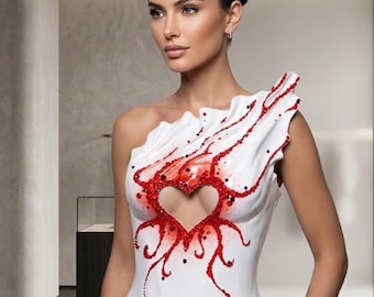Top corsé blanco con abertura en forma de corazón – Bordado con cuentas rojas, corpiño vanguardista de un solo hombro.