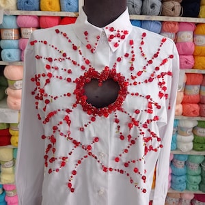 Missing Heart, Stone Embroidered Heart Low-cut White Shirt image 1